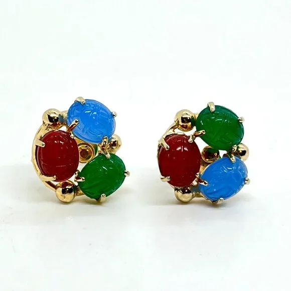 Vintage GLASS SCARAB Earrings Egyptian Revival Gold Tone Screwback - Picture 5 of 13